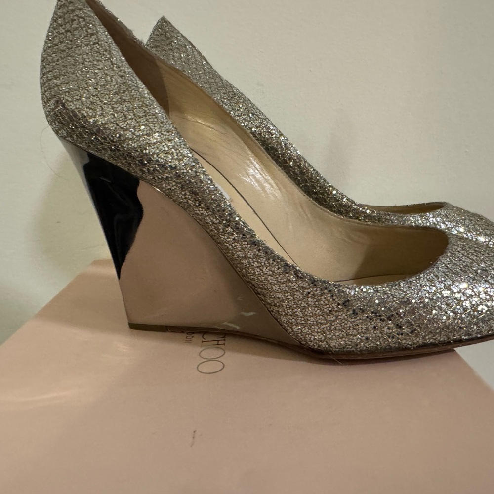 Jimmy Choo Champagne Glitter Peep-Toe Heels - Picture 3 of 12